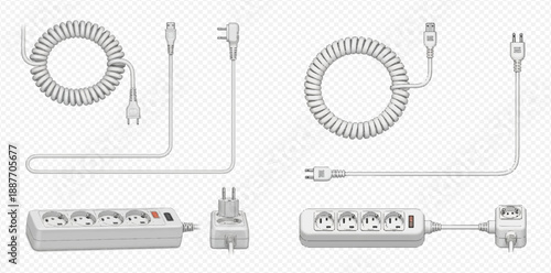 Electric power strip with multiple sockets and coiled extension cords for home or office use.