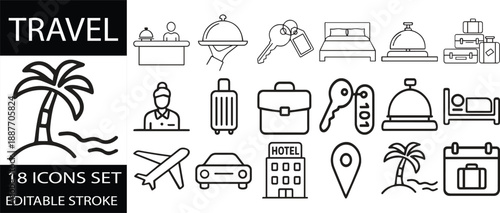 Editable Stroke Travel Icons Set – 18 Minimalist Line Symbols for Hospitality and Tourism