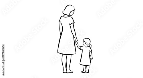 Mother and daughter holding hands simple line drawing.