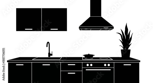 Modern Kitchen Silhouette with Appliances and Plant.