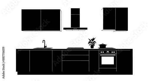 Modern Kitchen Silhouette Design with Cabinets and Appliances.