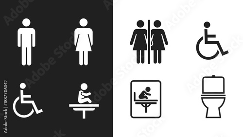 Collection of restroom and accessibility signs.