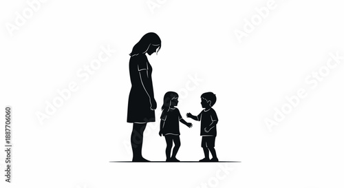 Mother and two children silhouette isolated on white background.