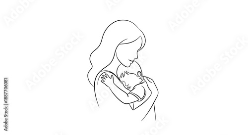 Mother holding her baby in a simple line drawing.