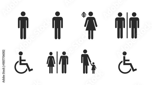 Collection of restroom and accessibility signs for public facilities.