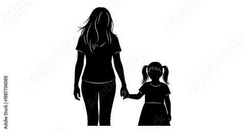 Mother and daughter silhouette holding hands walking together.