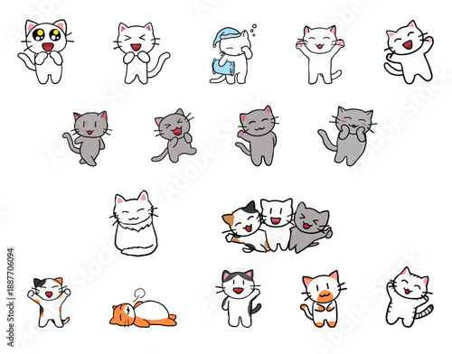 色々なポーズの猫のイラスト　白猫　灰色猫　三毛猫　しま猫