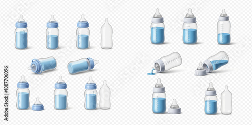 Set of realistic baby bottles with blue milk, empty bottles, and spilled milk on transparent background.