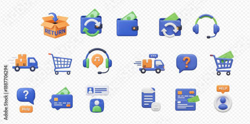 E-commerce and online shopping 3D icon set featuring delivery, payment, customer service, and return symbols.