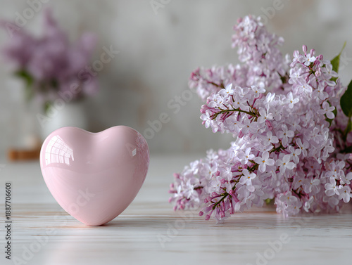 Fresh white and violet lilac flowers and decorative pink heart. Selective focus. Valentine day concept.