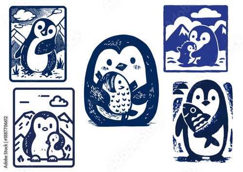 Set of traditional Asian indigo blue woodcut stamp style vector illustrations of cute penguins holding fish and hugging baby (Winter concept) (물고기를 들고 있거나 아기를 안고 있는 귀여운 펭귄의 전통 아시아 쪽빛 목판화 도장 스타일 벡터 일러스
