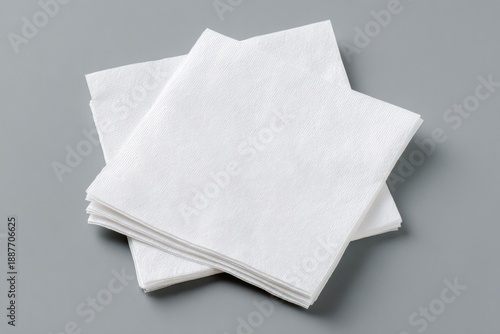 Stack of clean, folded white paper napkins on a solid light grey background, top view