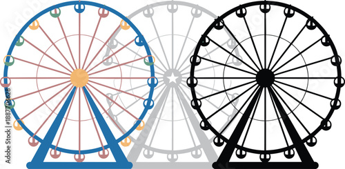 Colorful and black ferris wheel vector illustration set showing modern amusement park ride design, flat style, isolated on white background, graphic icon concept