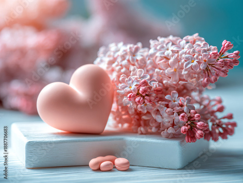 Fresh violet lilac flowers and decorative pink heart. Selective focus. Valentine day. Gentle love concept. 3D style.