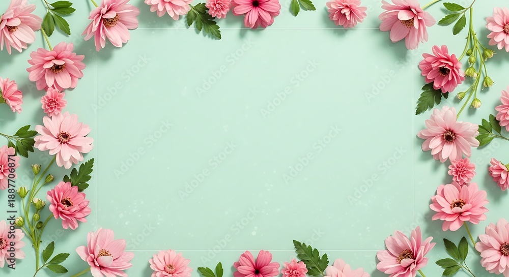 Obraz premium Pink floral border on light blue background with green leaves decoration