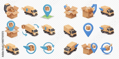 3D isometric delivery icons set with trucks, boxes, and location pins for logistics and shipping services.