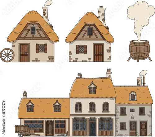 Medieval village buildings illustration with rustic houses, thatched roofs and traditional architecture, historical town elements set for fantasy, fairytale or game design, 
