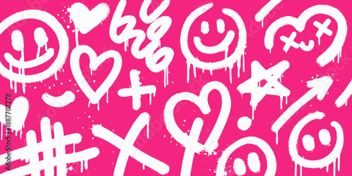 A vibrant pink background with playful white graffiti doodles and shapes