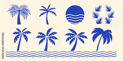 Blue tropical illustration featuring palm trees waves and a stylized egg shape