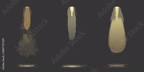 Three golden light beams descending from darkness illuminating the space below