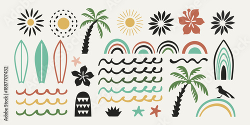 A colorful collection of summer elements suns palms waves and surfing motifs
