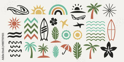 A collection of stylized summer icons waves suns palm trees and surfboards