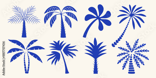 A collection of blue tropical palm tree silhouettes on a neutral background