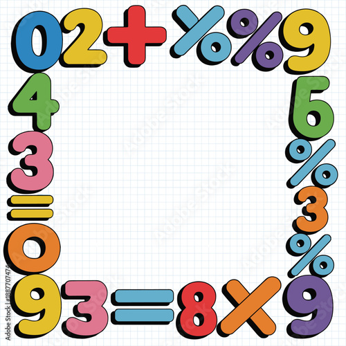 Colorful mathematics symbols frame with numbers and operators, fun math education background for kids, learning and calculation concept, playful flat vector isolated on white background