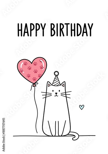 Happy Birthday text with cute cartoon cat wearing party hat and pink heart balloon with paw prints. Simple illustration for greeting card.