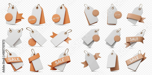 Set of 3D render price tags and sale labels with ribbons, marketing and discount elements.