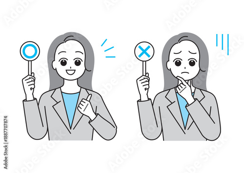 マルバツの札を持つスーツ姿の若い女性のイラストセット