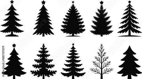 Christmas tree silhouette set isolated on white background, evergreen pine and fir shapes, winter holiday decoration icons vector illustration
