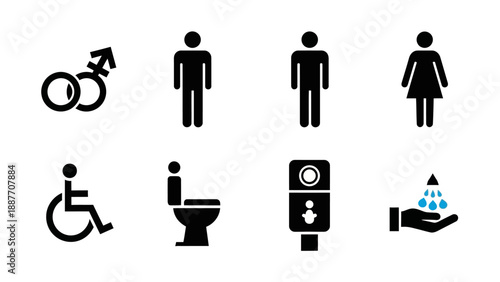 Restroom Symbols and Icons for Men Women Disabled and Washing Hands.