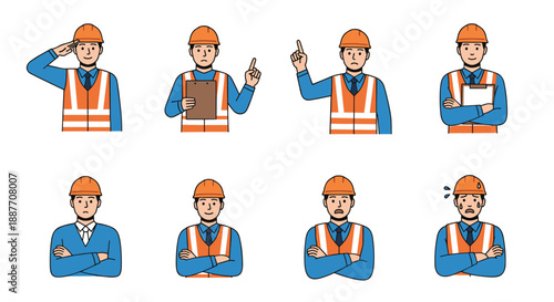 Set of eight construction worker character variations in safety gear displaying various professional poses and expressions.