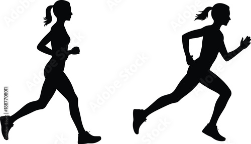 Female runner silhouette set showing jogging and sprinting poses for fitness training, sports activity, healthy lifestyle vector illustration