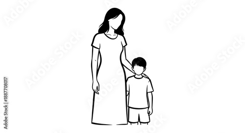 Mother and Son Standing Together Simple Line Art.