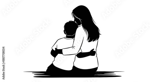 Mother hugging her son silhouette illustration.