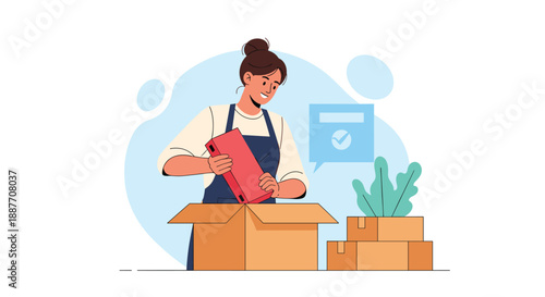 Smiling female employee in a dark apron carefully places a red product box into a larger cardboard shipping container for delivery.