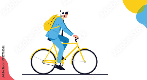 Professional businessman in a blue suit and safety helmet rides his yellow bicycle to work with a matching yellow backpack.