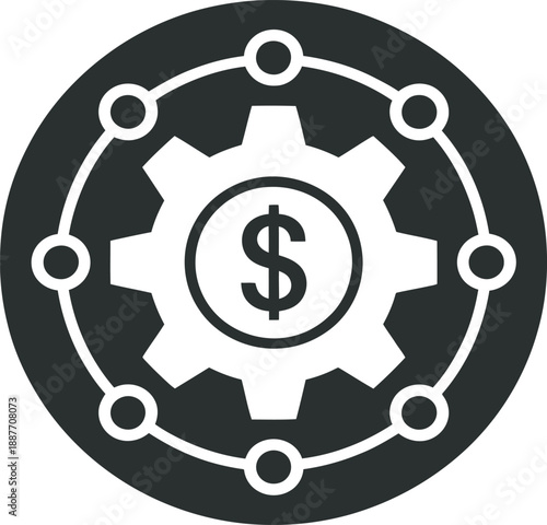 Financial technology gear icon with dollar symbol and modern business system concept