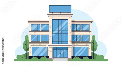 Modern three story office building with a glass facade and a blank billboard on the roof stands between two tall green trees.