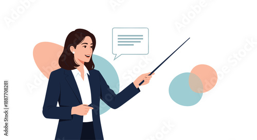 Professional woman in a dark suit uses a long pointer to indicate a speech bubble filled with important textual information.