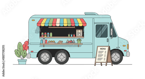 Teal colored food truck with a colorful striped awning and a menu board stands ready for mobile street food service for customers.
