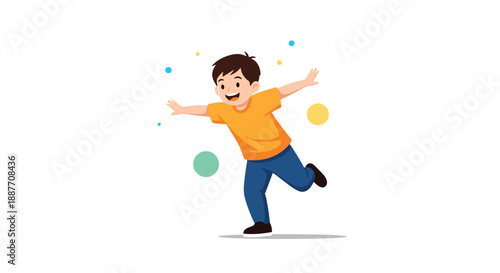Happy young boy runs and plays with colorful floating circles on a plain background representing joy and childhood energy.
