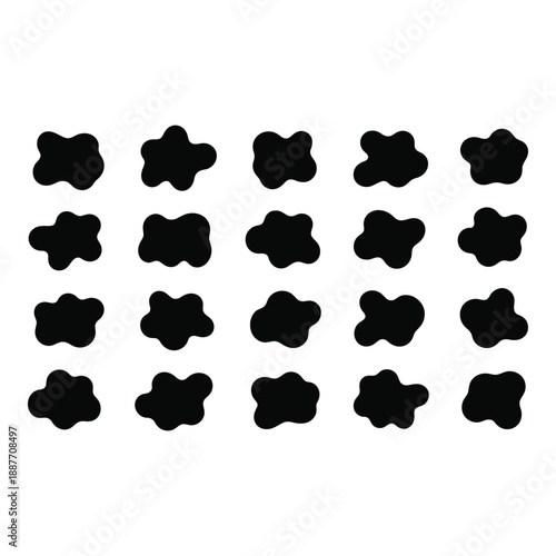 Collection of twenty black four petal flower shapes arranged in four by five grid on light gray background