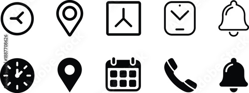 Time calendar and notification icons set isolated on white background, clock location phone reminder symbols, user interface outline vector