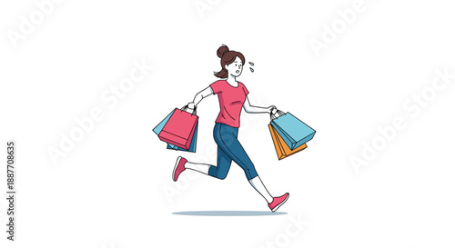 Stressed woman running while carrying several heavy shopping bags in both hands after a successful but tiring shopping trip.
