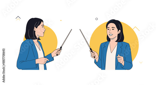 Professional women in business suits using pointing sticks to give a presentation or lead a seminar in two different poses.