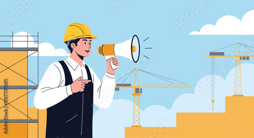 Construction site manager wearing a hard hat and safety vest using a megaphone to direct operations at a busy building site.