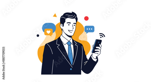 Businessman in a suit and tie holding a smartphone with social media icons and wifi signals floating in the background.
